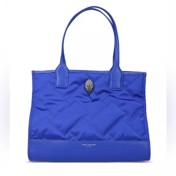 Kurt Geiger London Recycled Square Shopper Tote Blue Quilted Nylon Large Eagle - Picture 1 of 13